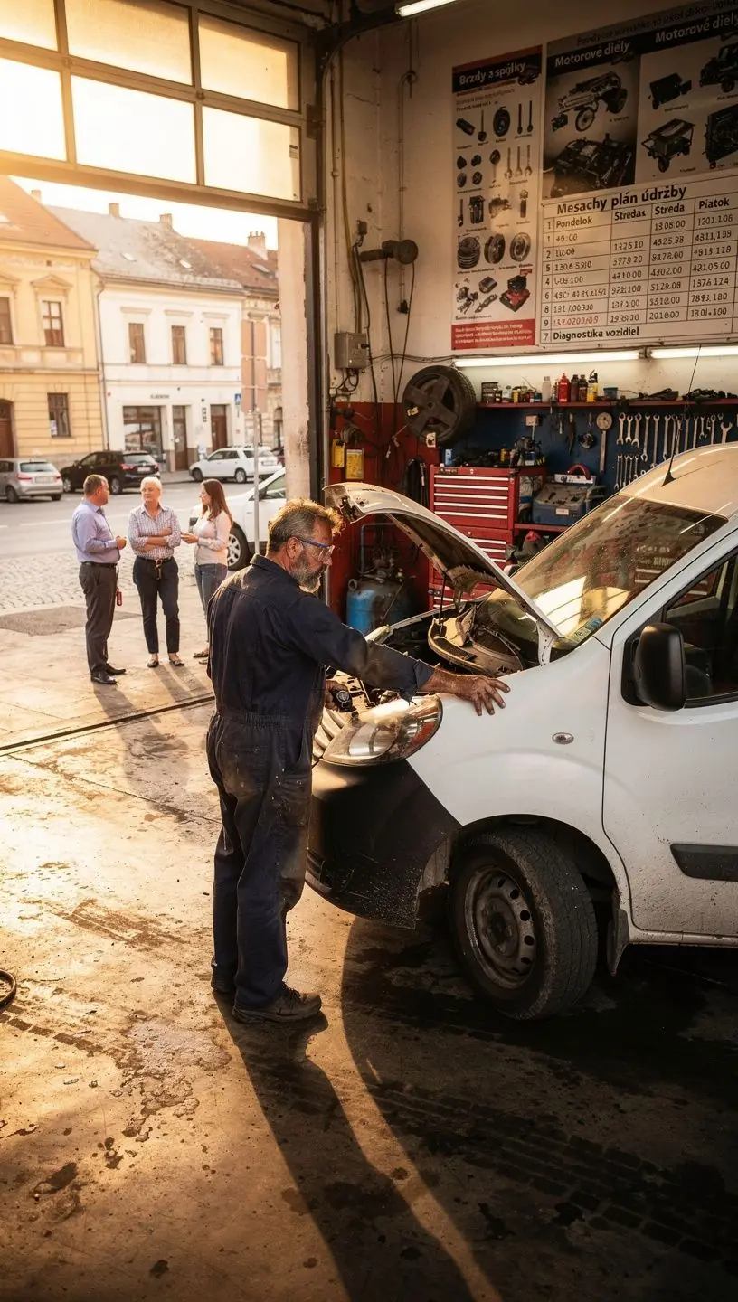 Interiér autoservisu so servisným vozíkom a nástrojmi pripravenými na opravu firemnej dodávky.